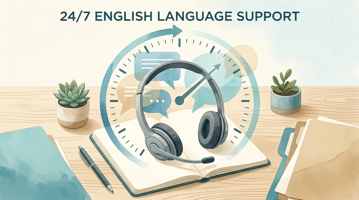 Editorial illustration representing round-the-clock English customer support