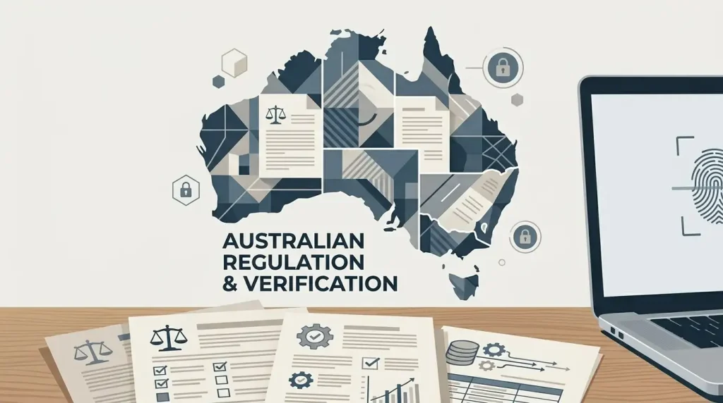 Editorial illustration representing Australian online gambling rules and regulatory checks
